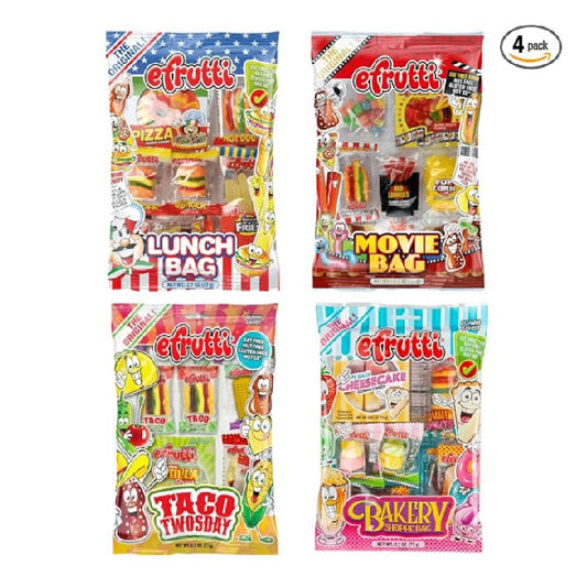 eFrutti Gummy Candy Variety Pack, Movie Bag with Gummy Pizza, Lunch Bag, Sour Lunch Bag, and Bakery Shoppe Gummy Food Bag, 2.2 Ounce (Pack of 4) Gummi Variety