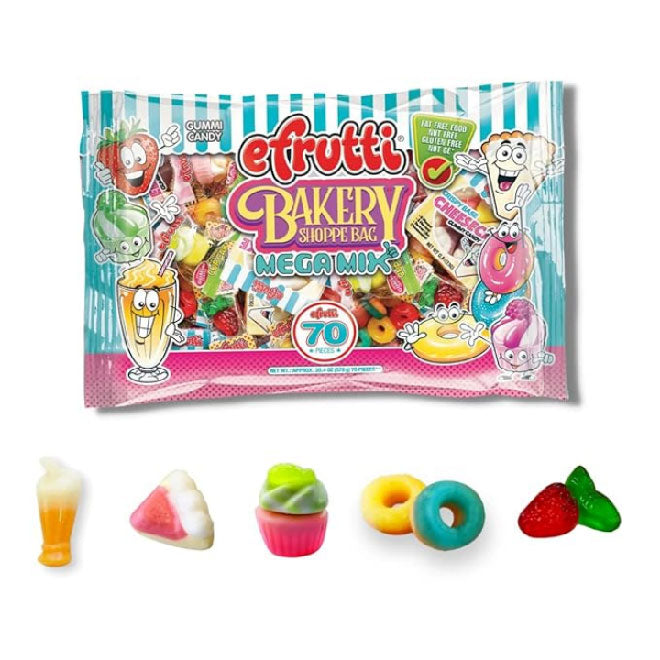 Efrutti Gummy Candy, Mega Lunch Bag and Bakery Shoppe Mega Mix Gummies, Variety Pack, Total of 140 Pieces, Gluten Free, Fat Free, Dairy Free, and Nut Free